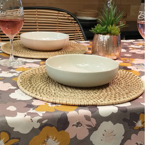 Pinky plum and pink flowered tablecloth